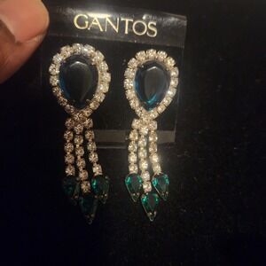 Gantos Vintage Emerald Green Rhinestone Drop Dangle Statement Earrings 2"